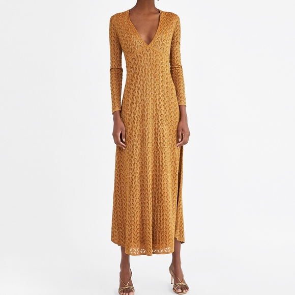 Zara Knit Gold Shimmer Vneck Maxi Dress 